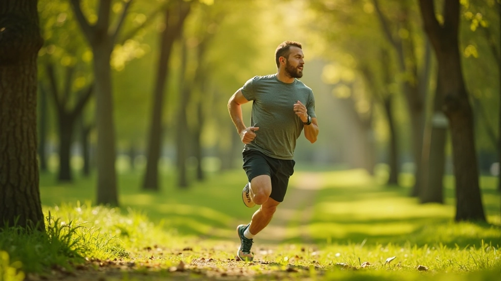 Man aan het joggen in park met groene omgeving en trainingsapparatuur