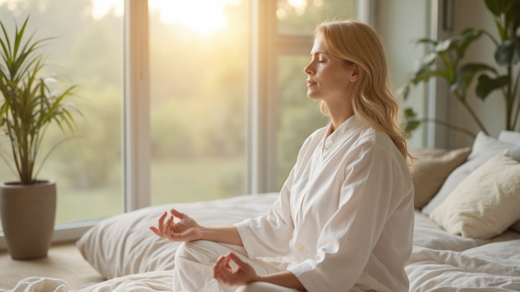 Vrouw aan het mediteren in rustige woonkamer met natuurlijk licht