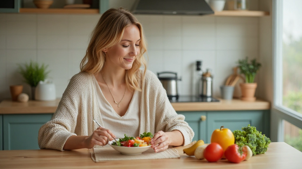 Vrouw aan het ontbijten met gezonde voeding en water aan houten tafel